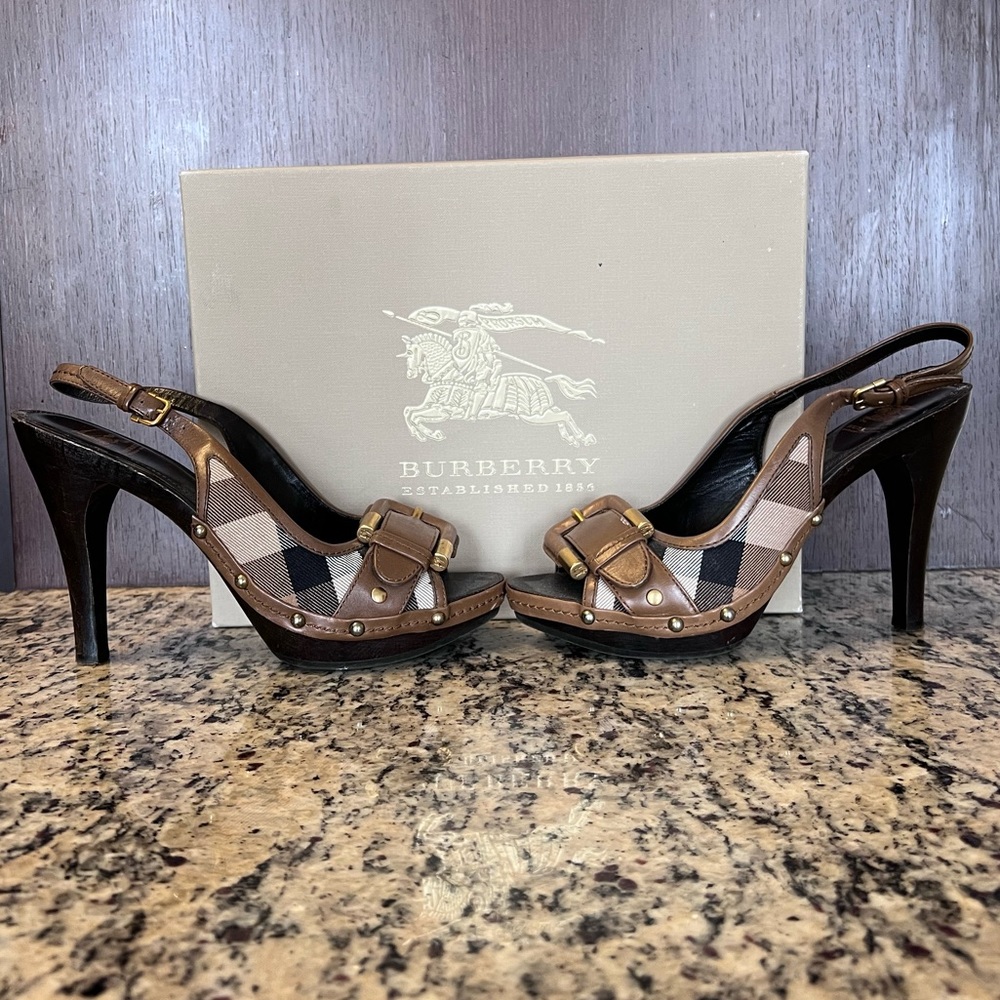 Authentic- Burberry platform open toe sling backs pumps